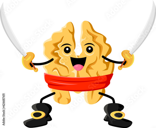 Cartoon walnut nut pirate character. Isolated vector kernel wearing buccaneer costume, with cutlass in hands. Amusing corsair, fantasy fairytale captain filibuster book or game personage