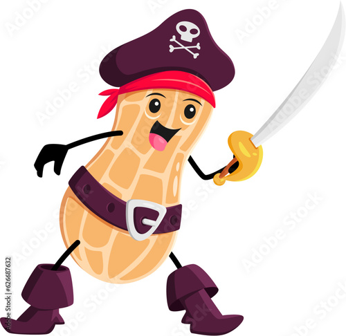 Cartoon peanut pod pirate and corsair character. Isolated vector funny plunder nut with saber wearing buccaneer costume tricorn hat, bandana, belt and boots. Fantasy cartoonish filibuster peanut pod