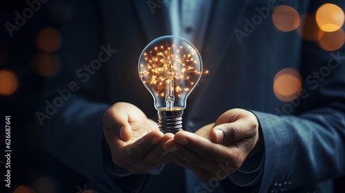 Smart businessman hand holding light bulb. idea concept with innovation, AI generated image