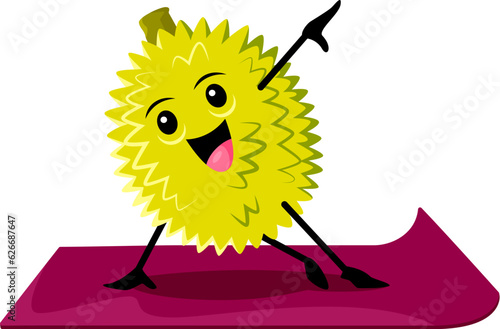 Cartoon jack fruit or durian character on yoga fitness. Funny personage engaged in pilates sport exercises or stretching class. Cute vector vitamin tropical plant stand on one hand on mat in yogi pose