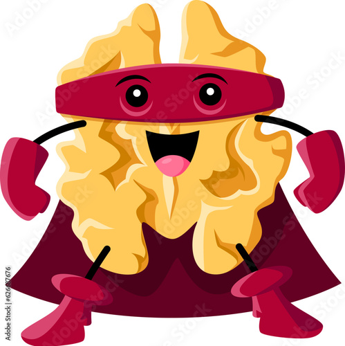 Cartoon walnut nut superhero funny character. Healthy food defender, walnut warrior or superhero childish vector character. Isolated nut hero comical mascot or cheerful personage in red mask and cape