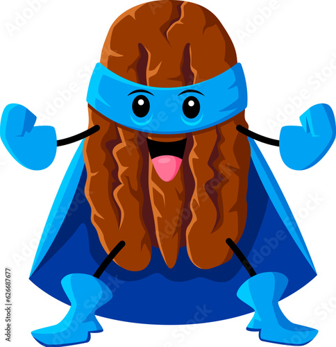 Cartoon pecan nut superhero character in blue mask, cape and gloves. Nut strong warrior, food hero or legume defender funny vector character. Isolated pecan superhero cute mascot or personage