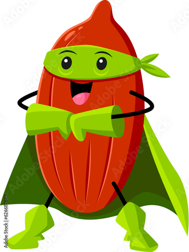Cartoon almond nut superhero character with happy smiling face, health food vector personage. Cute seed of dried almond fruit wearing super hero costume, green coat, mask and gloves, kawaii nut