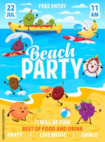 Kids beach party flyer. Cartoon fruits on summer vacation. Resort leisure, holiday vector leaflet, beach party poster with durian, banana, fig and kiwi, pitaya, orange surfing, sunbathing personages