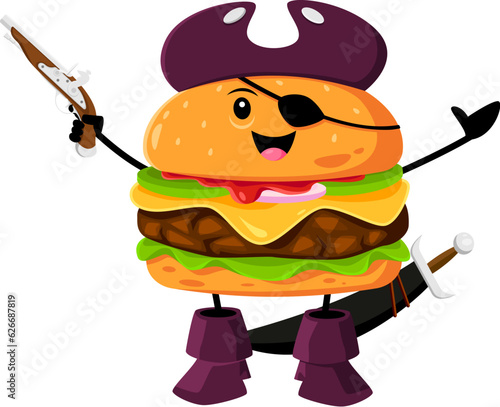 Cartoon fast food hamburger pirate and corsair character. Street cafe meal buccaneer cute personage, takeaway restaurant cheeseburger filibuster pirate isolated vector comical mascot with pistol