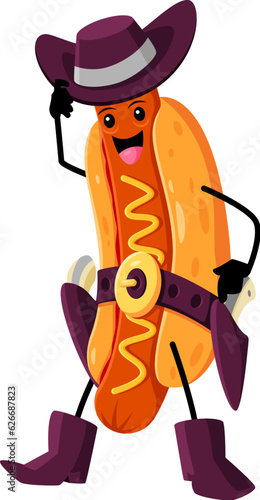 Cartoon fast food hot dog cowboy, bandit character. Street food meal Texas cowboy cheerful mascot, takeaway cafe hotdog western sheriff or Wild West funny ranger isolated vector funny personage