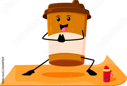 Cartoon fast food coffee character on yoga fitness sport. Fast food menu hot drink funny personage, takeaway restaurant or street cafe coffee cup isolated vector cheerful mascot doing fitness on mat