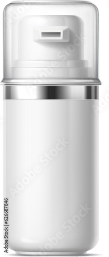 Realistic cosmetics product bottle mockup, perfect for showcasing luxury brand production, marketing presentations and displays. Isolated 3d vector plastic pump bottle with transparent lid