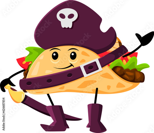 Cartoon fast food taco pirate and corsair character. Mexican street food meal corsair childish personage, takeaway cafe taco filibuster isolated vector happy smiling mascot in tricorne hat with skull