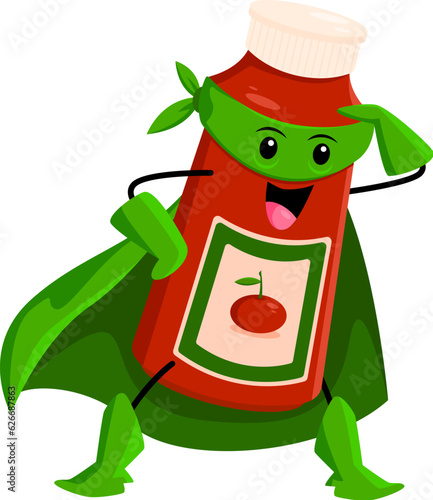 Cartoon fast food ketchup superhero character. Tomato sauce bottle hero childish personage, fast food ketchup defender or superhero isolated vector cheerful character or comical mascot