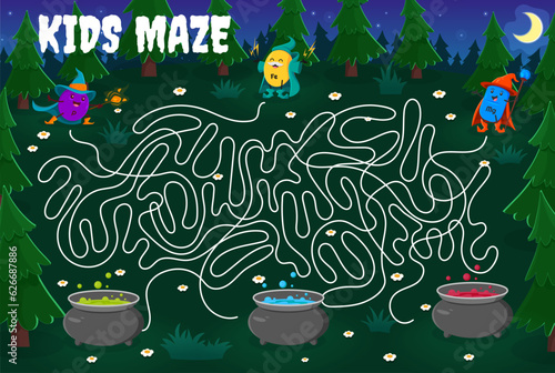 Labyrinth maze game. Help to cartoon mineral and micronutrient wizards find a magic potion. Kids vector boardgame with P, Fe Mg supplement capsule warlocks searching pots on Halloween tangled path