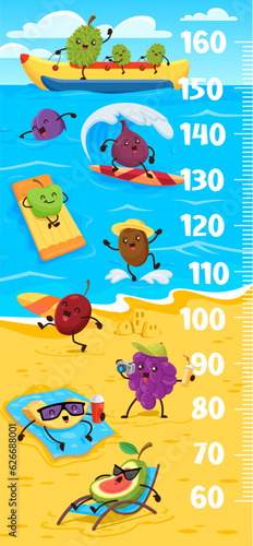 Kids height chart ruler cartoon funny fruits on summer beach. Vector growth meter with jackfruit, plum, figs and kiwi. Passion fruit, grapes, melon and avocado characters relax at seaside wall sticker