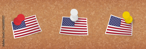 USA flag pinned in cork board, three versions of USA flag.