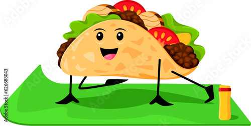 Cartoon fast food tacos character on yoga fitness sport. Fast food menu meal cheerful personage, takeaway cafe Mexican cuisine snack, taco isolated vector childish mascot doing sports on mat