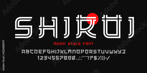 Leinwand Poster Oriental Japanese font, Asian type or sushi restaurant typeface, Chinese style characters, vector alphabet