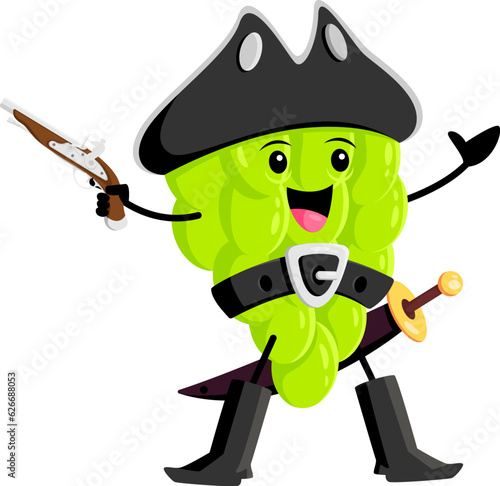 Cartoon grapes fruit or berry pirate and corsair character holding gun. Isolated vector swashbuckling fearless filibuster personage brandishes his weapon with a fierce expression, search for treasure