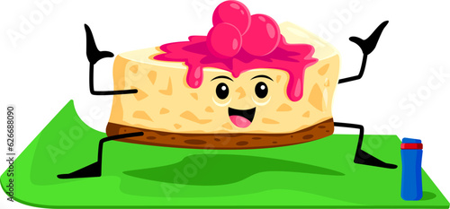 Cartoon fast food cake character on yoga fitness sport. Restaurant dessert meal funny character, cafe or bakery menu sweet pastry, cake with berries isolated vector cheerful mascot on yoga mat