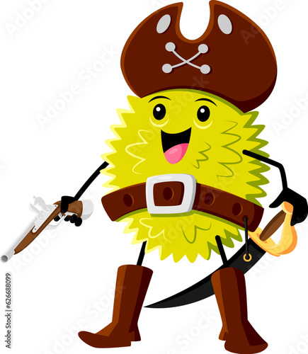Cartoon durian fruit pirate character wielding gun and sword, tough and intimidating. Isolated vector tropical jackfruit rover adventurous personage ready to defend his treasure or raid ships for loot