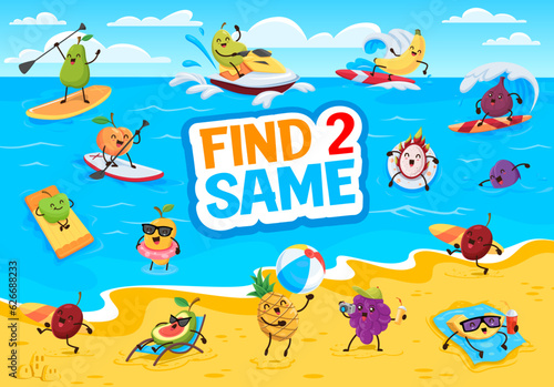 Find two same cartoon funny fruits on summer beach. Kids vector game with banana, peach, pear, and figs. Mango, pineapple, apple, dragon fruit and melon characters. Educational children leisure riddle