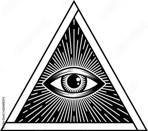 Mystic eye, mystical spiritual eye and geometry triangle. Vector mystery illuminati esoteric souvenir, mason amulet. Pyramid with providence eye