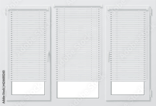 Realistic pvc window, plastic jalousie, clear glass and a sturdy frame, suitable for modern buildings and renovations. Isolated 3d vector modern window mockup with three frames and closed shutters