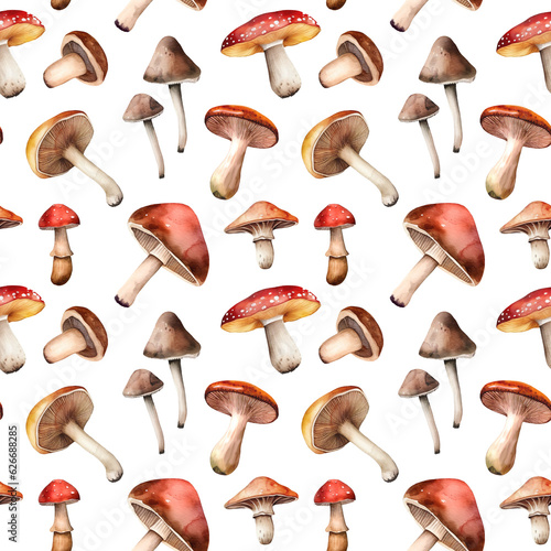 Seamless pattern of watercolor illustrations of forest mushrooms, gifts of nature on a white background