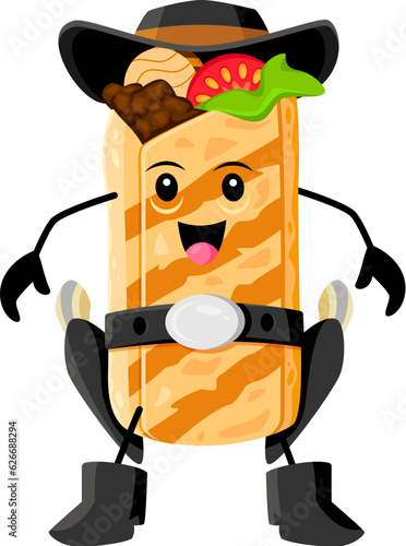 Cartoon fast food burrito cowboy, bandit character. Mexican food street restaurant or cafe Wild West cowboy funny personage, cheerful burrito Texas sheriff or ranger isolated vector mascot with guns