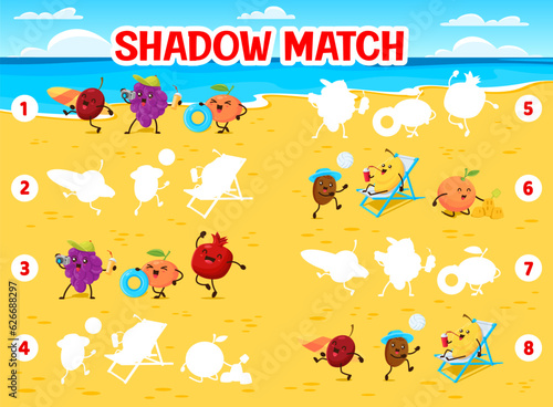 Shadow match game worksheet. Cartoon fruits on summer beach. Silhouette find game, shadow match puzzle vector worksheet with plum, grapes, orange, kiwi and mango cheerful character having fun on beach