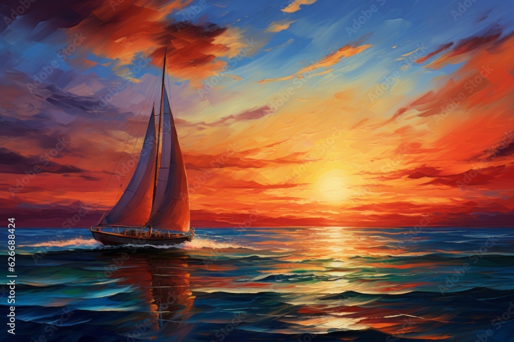Sailboat, Oil painting style, with sunset.