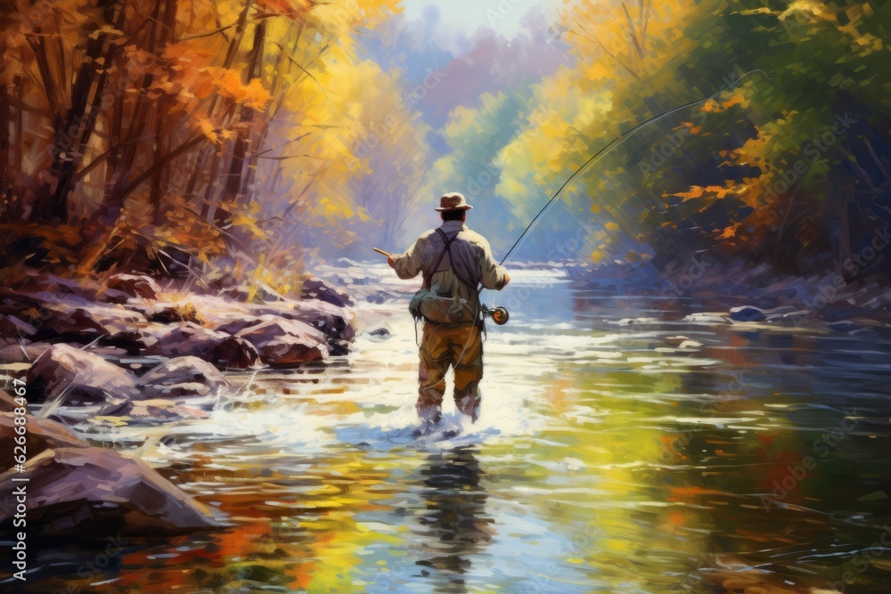 Fishing in a river, Oil painting style.