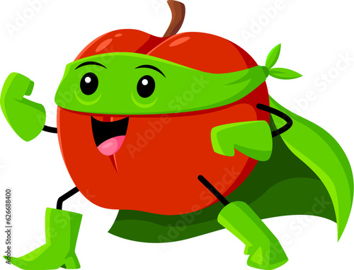 Cartoon red apple fruit superhero character wear green cape and mask, spreading kindness and positivity throughout the fruit community. Isolated vector fresh sweet fruity personage for kids story