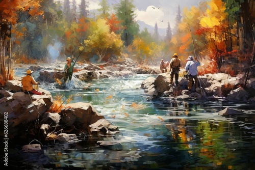 Fishing in a river, Oil painting style.