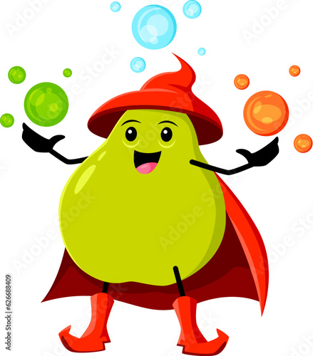 Cartoon pear fruit wizard or magician character. Funny ripe vector sorcerer, mage, vitamin food personage in cape with magic balls in hands. Smiling wiz pear fruit, enchanter or necromancer or caster