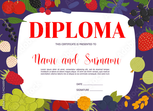 Kids diploma with ripe forest and garden berries. Vector certificate with blueberry, grape, blackberry, rosehip, strawberry or cloudberry. Black currant, sea buckthorn, cherry, raspberry or honeyberry