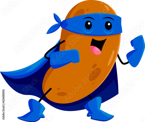 Cartoon cheerful potato vegetable superhero character. Farm veggie strong warrior, superhero or defender isolated vector funny mascot. Potato hero happy personage in blue costume with cape and mask