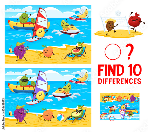 Find ten differences cartoon funny fruits on summer beach. Kids vector game with jackfruit, pear, lemon and avocado, orange, banana and grapes characters. Educational children riddle, leisure activity