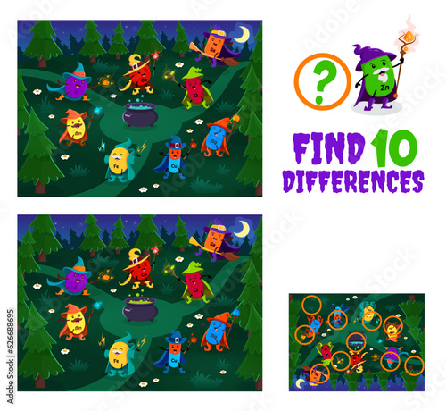 Find ten differences. Cartoon mineral and micronutrient wizards on Halloween meadow. Kids board game vector worksheet with Fe, Mn, P and Ca, Se, Mg, Cl and Cu supplement capsule characters on coven