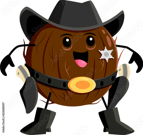 Cartoon coconut sheriff character, funny vector coco nut ranger with guns wear cowboy hat, star badge and boots. Wild west police hero, tropical plant, western personage happy smile, healthy food