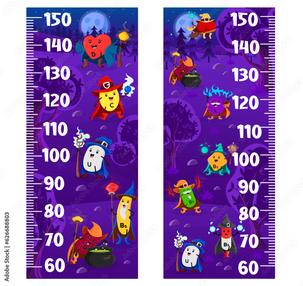 Height Ruler For Character Kids height chart ruler, cartoon vitamin wizards and sorcerers. Vector ...