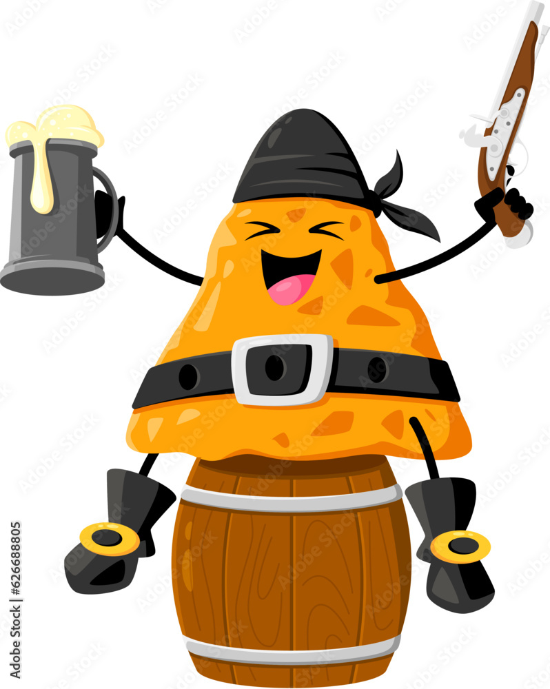 Cartoon fast food nacho chip pirate and corsair character. Mexican cuisine snack privateer childish mascot, nacho pirate isolated vector personage sitting on barrel, drink beer and armed with pistol Cartoon fast food nacho chip pirate and corsair character. Mexican cuisine snack privateer childish mascot, nacho pirate isolated vector personage sitting on barrel, drink beer and armed with pistol