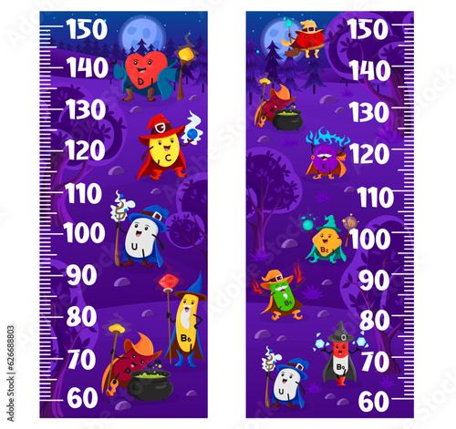 Kids height chart ruler, cartoon vitamin wizards and sorcerers. Vector growth meter, wall sticker for children height measurement with D, C, U and B6 with P, B12, E and B1 with B9 funny characters