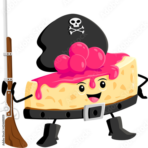 Cartoon fast food cake pirate and corsair character. Fast food cafe sweet dessert privateer cheerful mascot, restaurant pastry or beery cake corsair isolated vector comical personage with musket