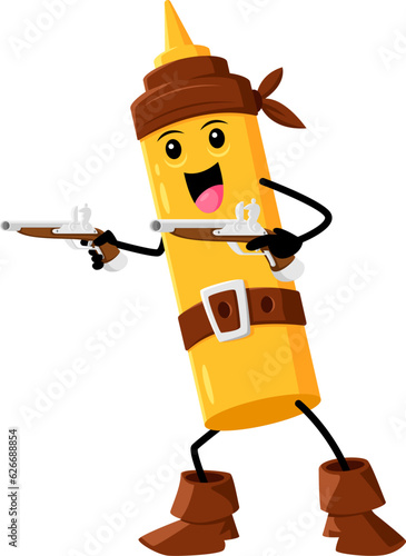 Cartoon fast food mustard pirate and corsair character. Fast food meal spicy sauce filibuster childish personage, street cafe mustard corsair or privateer isolated vector comical mascot with pistols