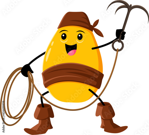 Cartoon mango fruit pirate or corsair character sporting a grappling hook, ready to raid and loot. Vector whimsical and charming nautical personage sails the seas in search of treasure and adventure