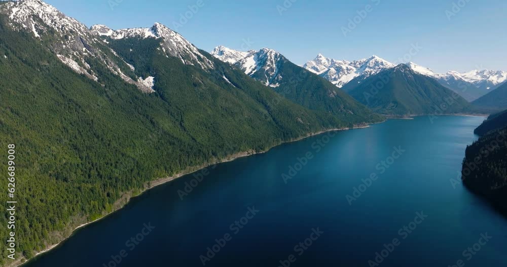 Aerial landscape view of Chilliwack Lake and mountains in spring. Aerial landscape view of Chilliwack Lake and mountains in spring.