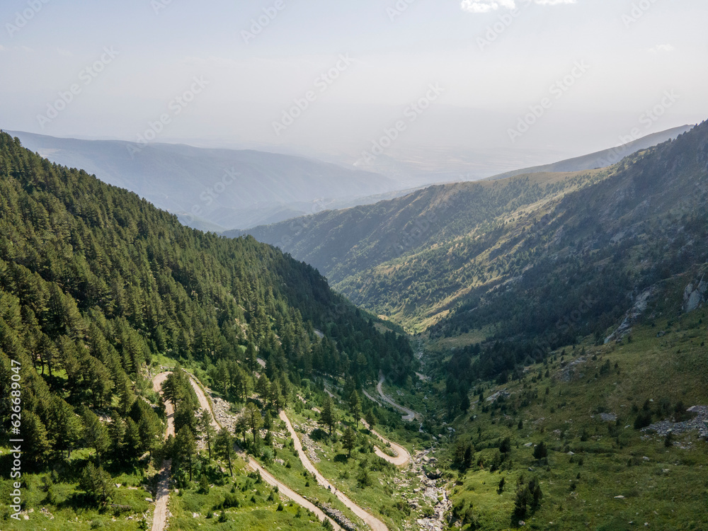Aerial view of road to Kalin Dam, Rila Mountain, Bulgaria Aerial view of road to Kalin Dam, Rila Mountain, Bulgaria