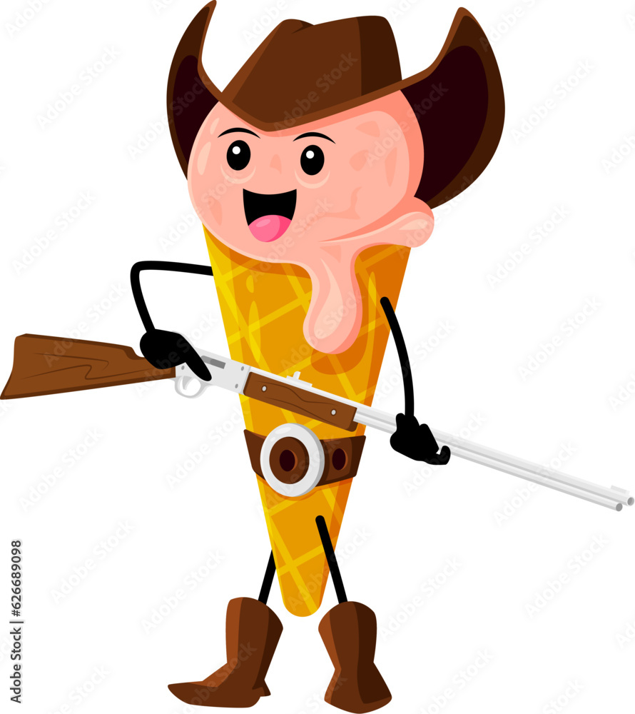 Cartoon fast food ice cream cowboy character. Gelateria cafe, street