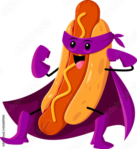 Cartoon fast food funny hotdog superhero character. Street cafe or restaurant meal defender cute personage, hotdog superhero or fast food dish hero happy isolated vector mascot or cheerful character