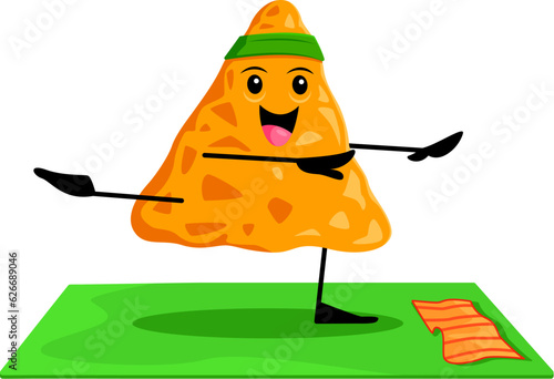 Cartoon fast food nacho chip character on yoga fitness sport. Takeaway restaurant menu meal cheerful character, fast food cafe nacho or street restaurant snack isolated vector childish mascot on sport
