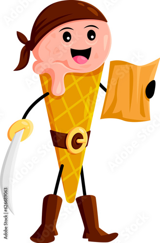 Cartoon fast food ice cream pirate and corsair character. Fast food dessert pirate comical personage, ice cream filibuster or corsair isolated vector funny mascot with treasure map and cutlass saber